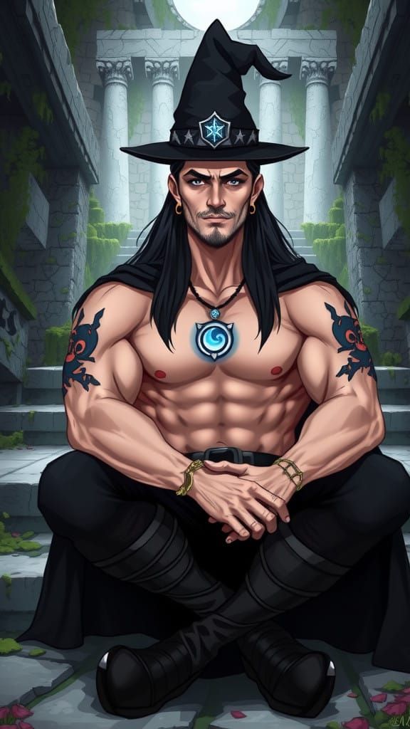 Muscular Male Witch Sits Outside Ruined Temple