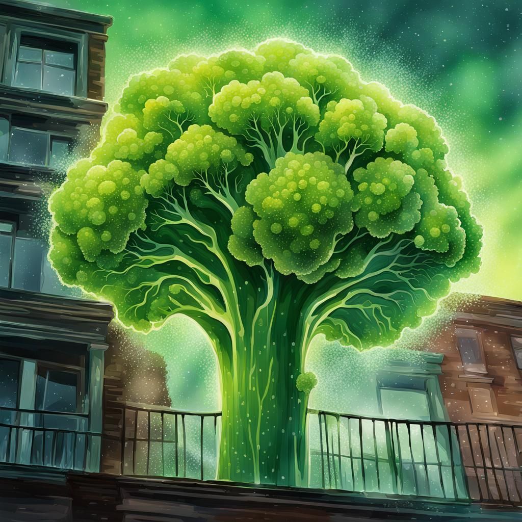 Crystalline Broccoli Entity Vomiting Dust: Digital Illustrat...