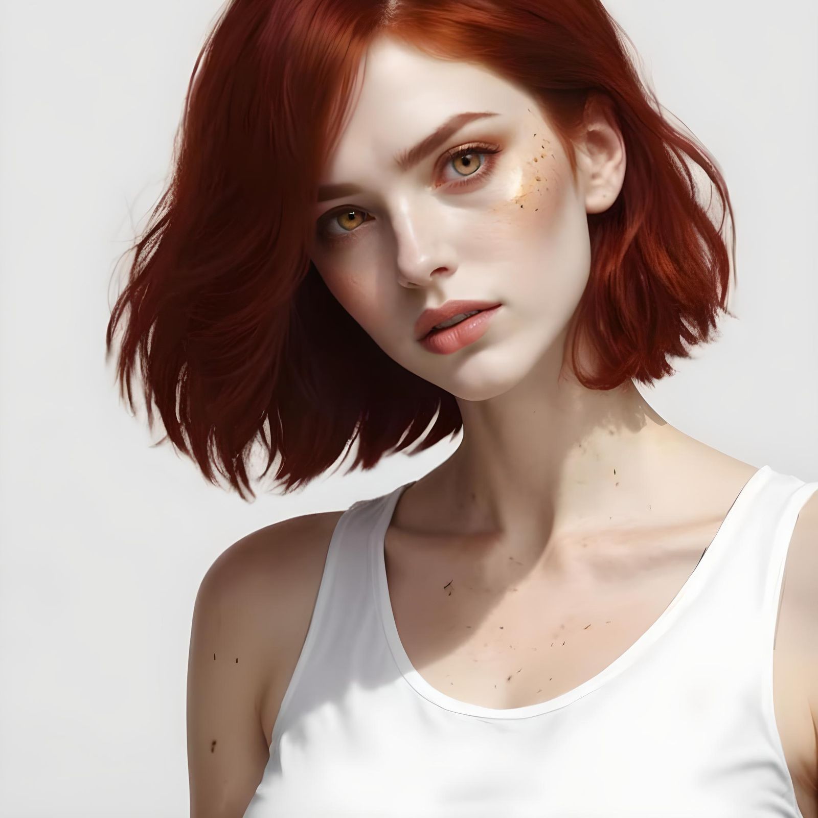 Agitated Freckled Woman with Crimson Hair