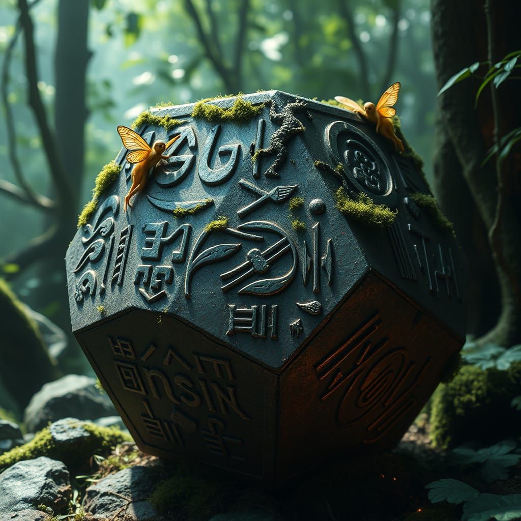 Enchanted Ancient Runes Octahedron in Vibrant Jungle