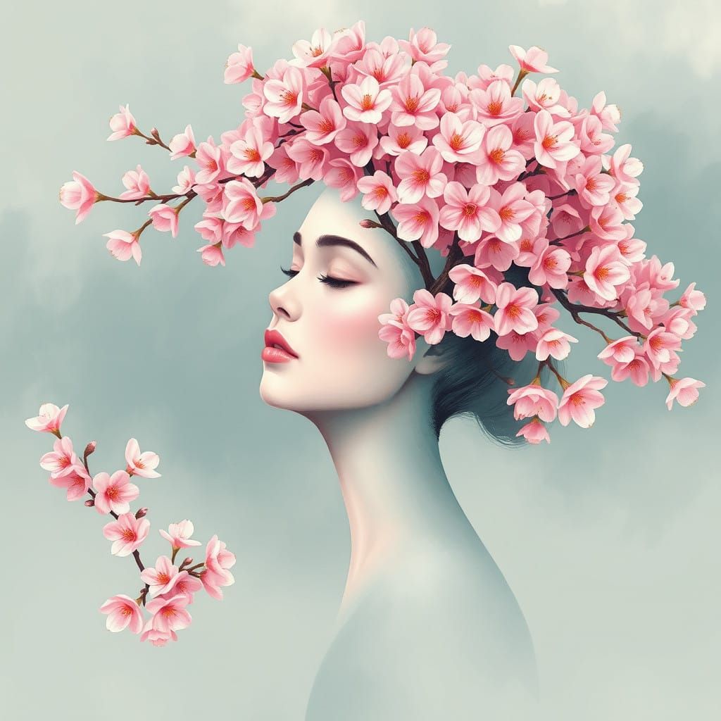 Woman with Cherry Blossom Tree Hair in a Surreal Environment