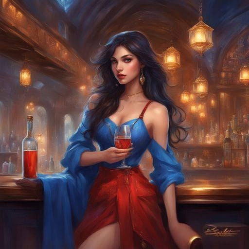Fantasy Art: Beautiful Girl Drinking in Bar