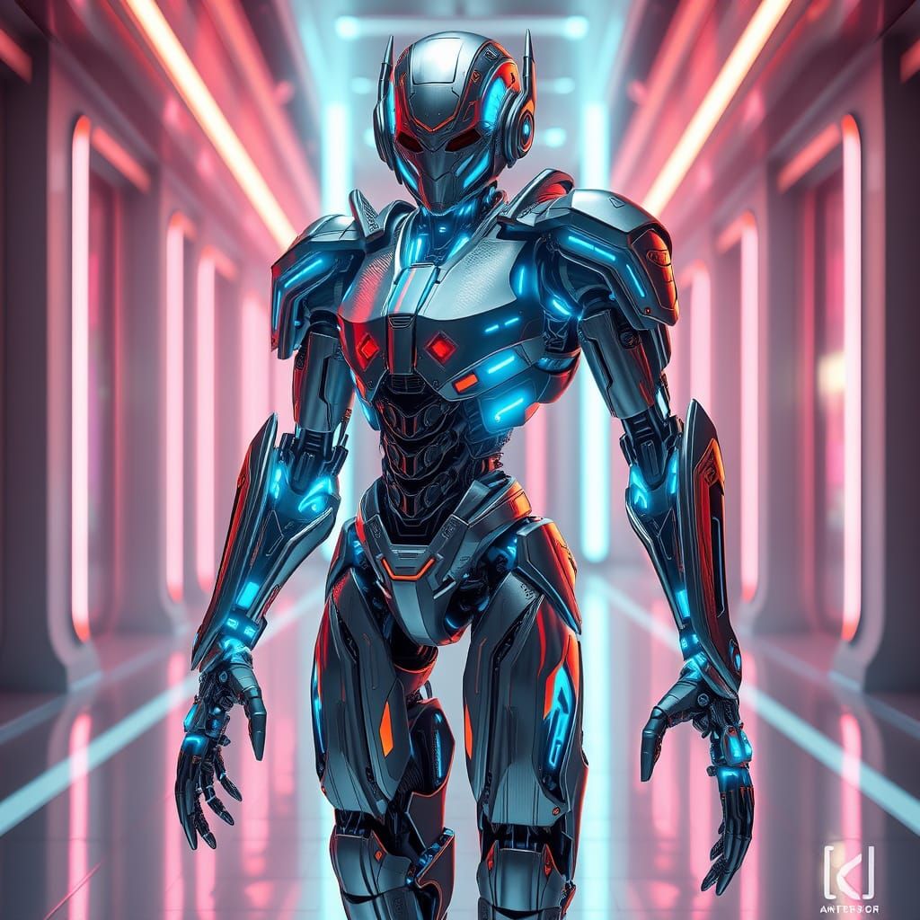 Cyberpunk Robot Servant in Shimmering Metallic Armor