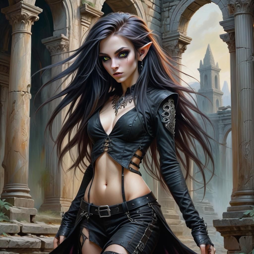 Gothic Punk Elf in Oil Painting Style