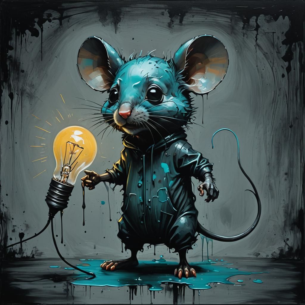 Aqua Chibi Mouse and Lightbulb in Grunge Style