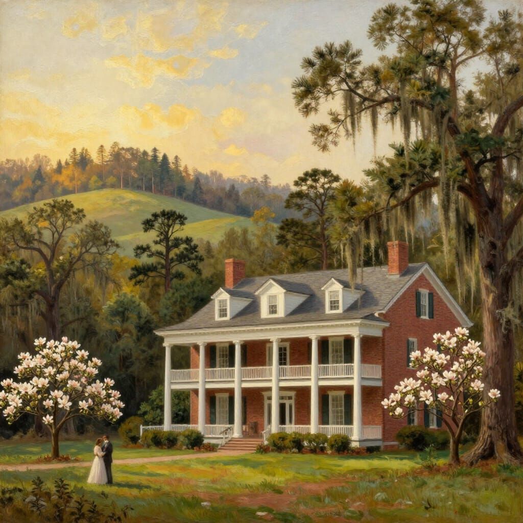 Southern Antebellum Mansion Landscape in Golden Hour Light