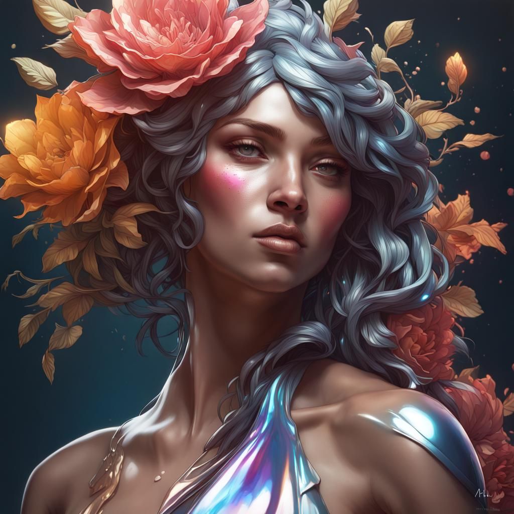 Metallic Flower Portrait in Art Nouveau Style