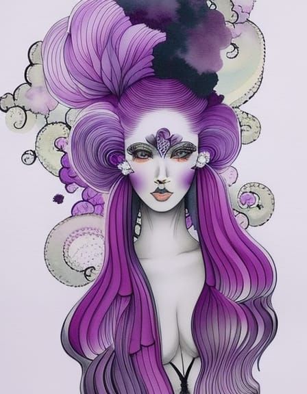 Girl in Swimsuit with Fractal Waves: Ink Watercolor