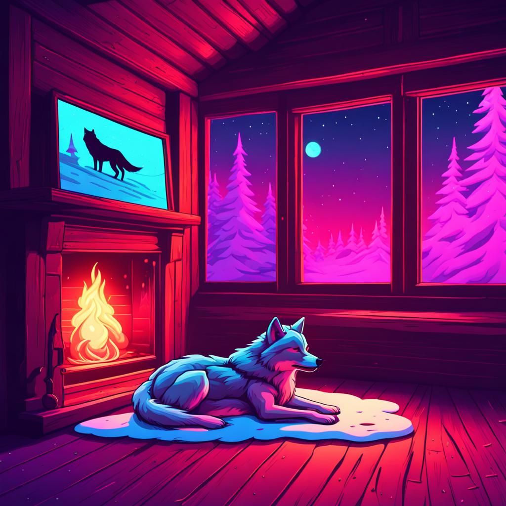 Cozy Cottage Fireplace with Sleeping Wolf in Synthwave Style