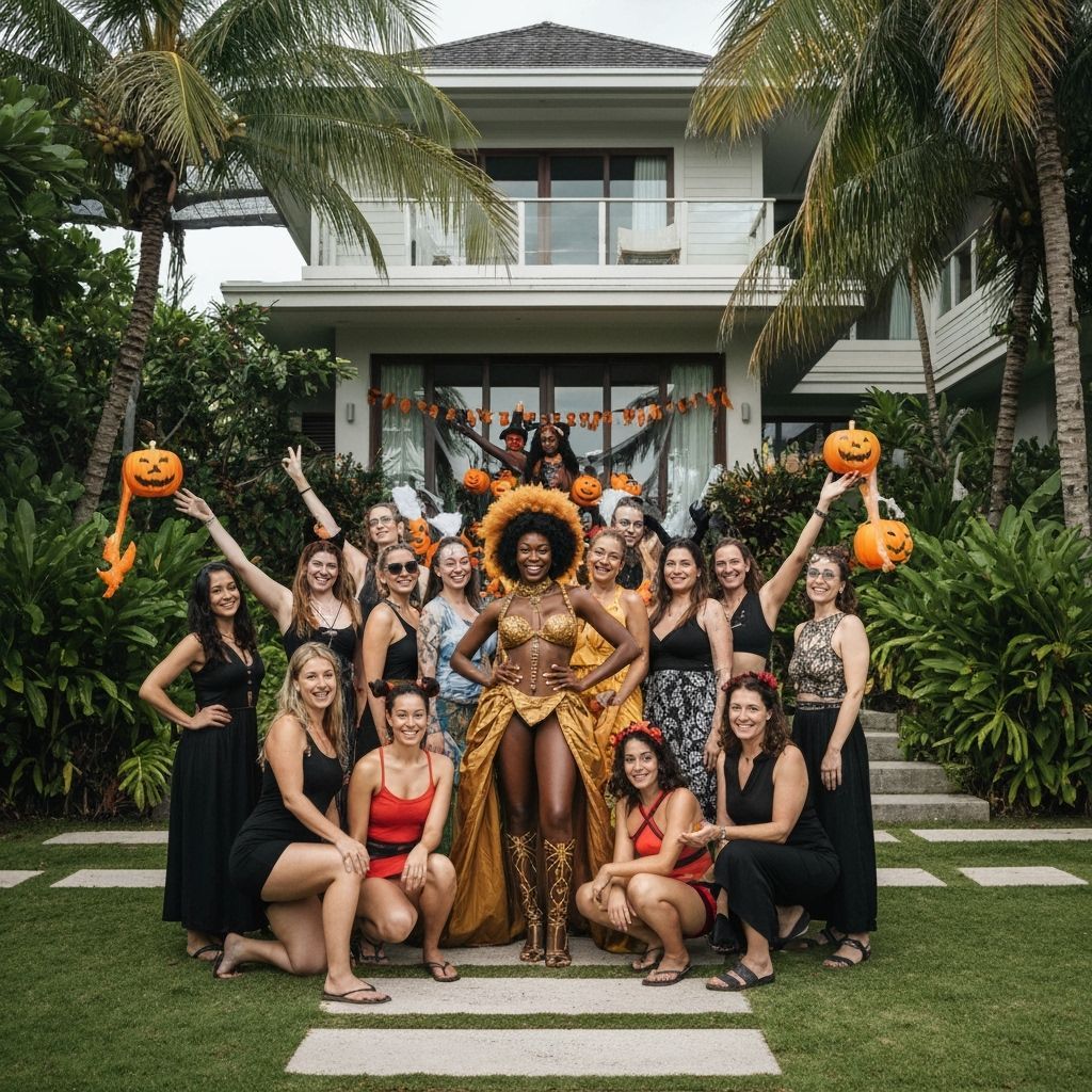 Women in Creative Halloween Costumes Pose by Tropical Villa