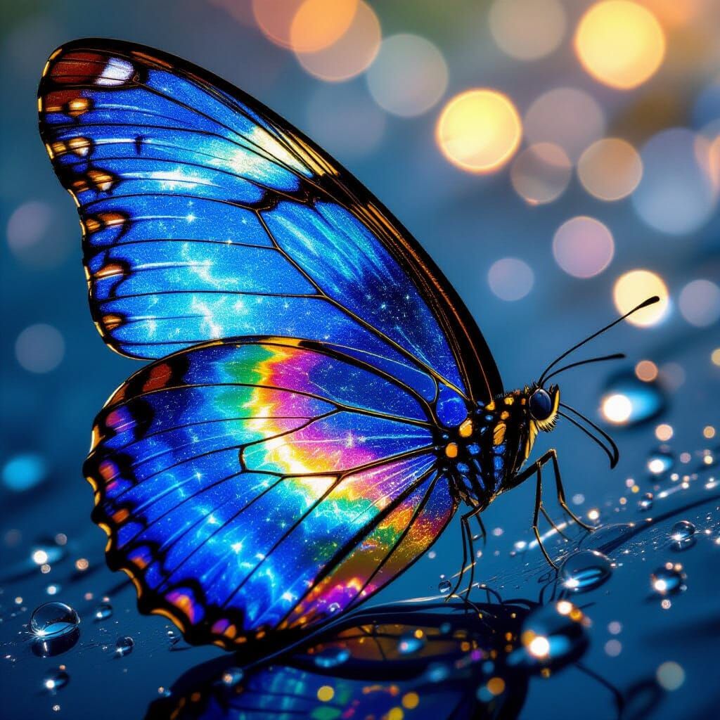 Butterfly Wing of Reflective Glass with Nebula Raindrops
