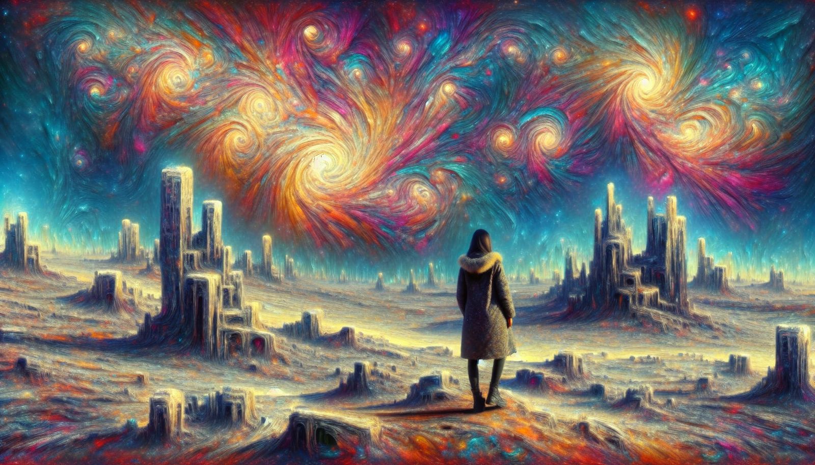 A solitary woman stands on a desolate, alien planet, gazing ...