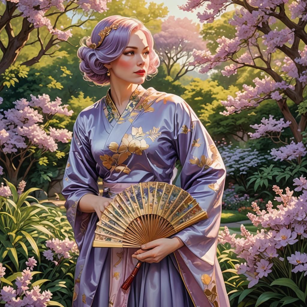 Elegant Woman in Garden with Fan, Comic Book Style