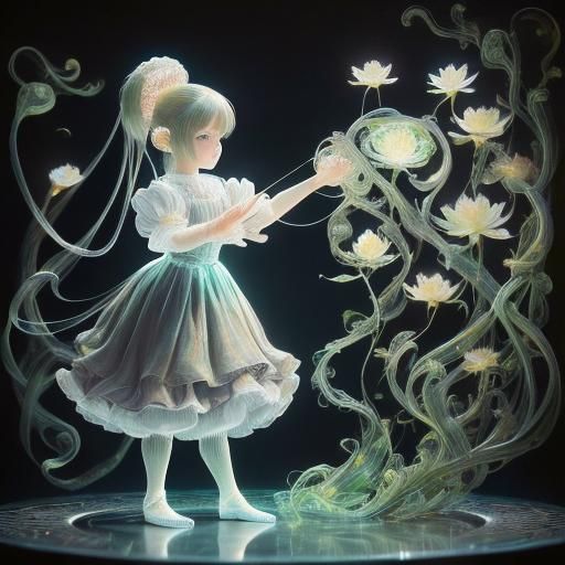 Victorian Girl with Bioluminescent Lotus Flowers