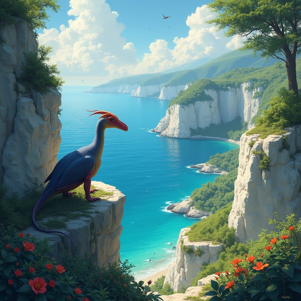 Pteranodon Nesting Above Azure Sea in Matte Painting