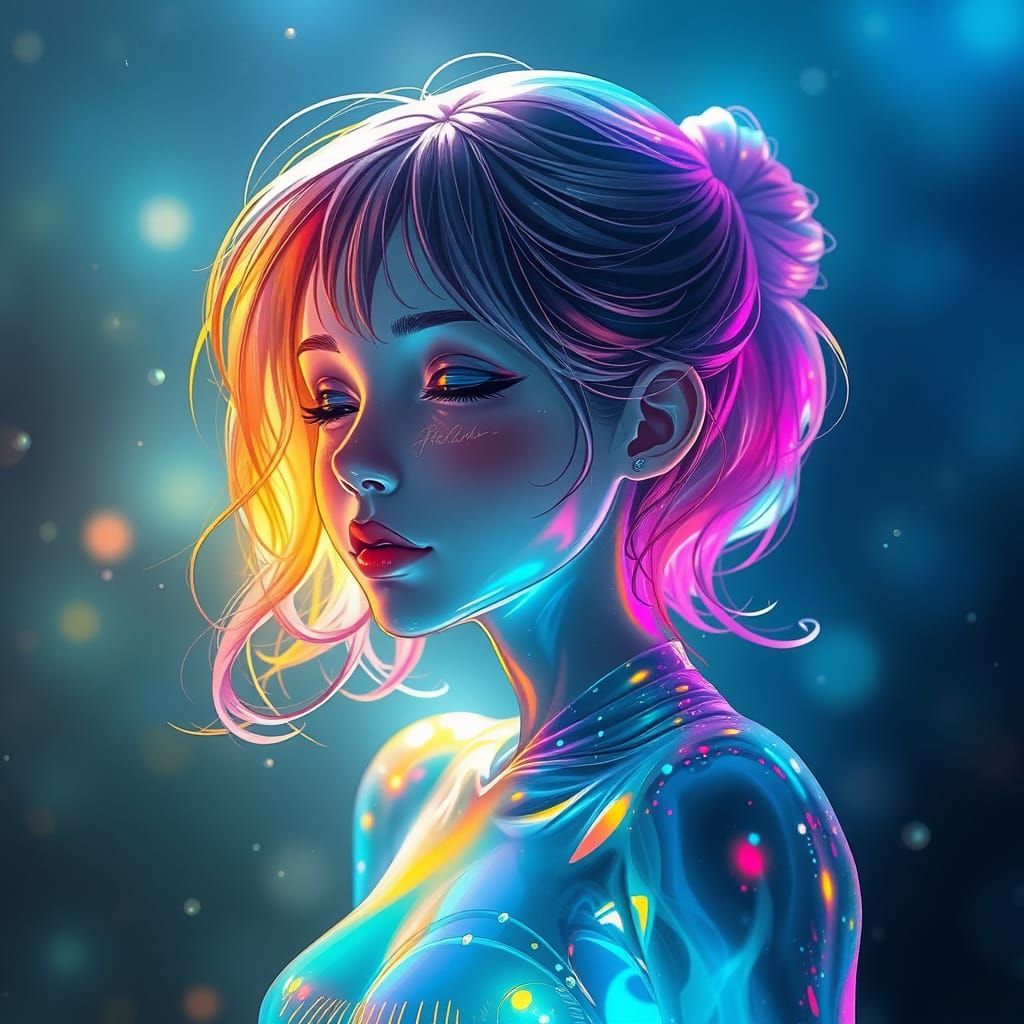 Liquid Glass Anime Girl with Rainbow Highlights