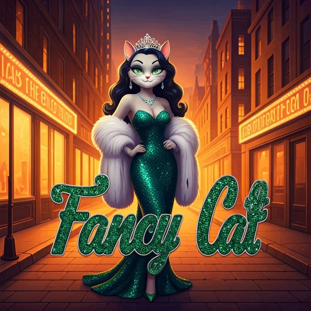 Glamorous Cat Femme Fatale in Emerald Green Evening Gown