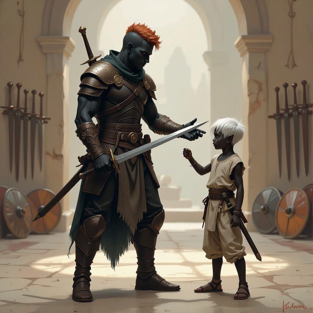 Drow Father Teaches Son Sword Fighting in Practice Hall