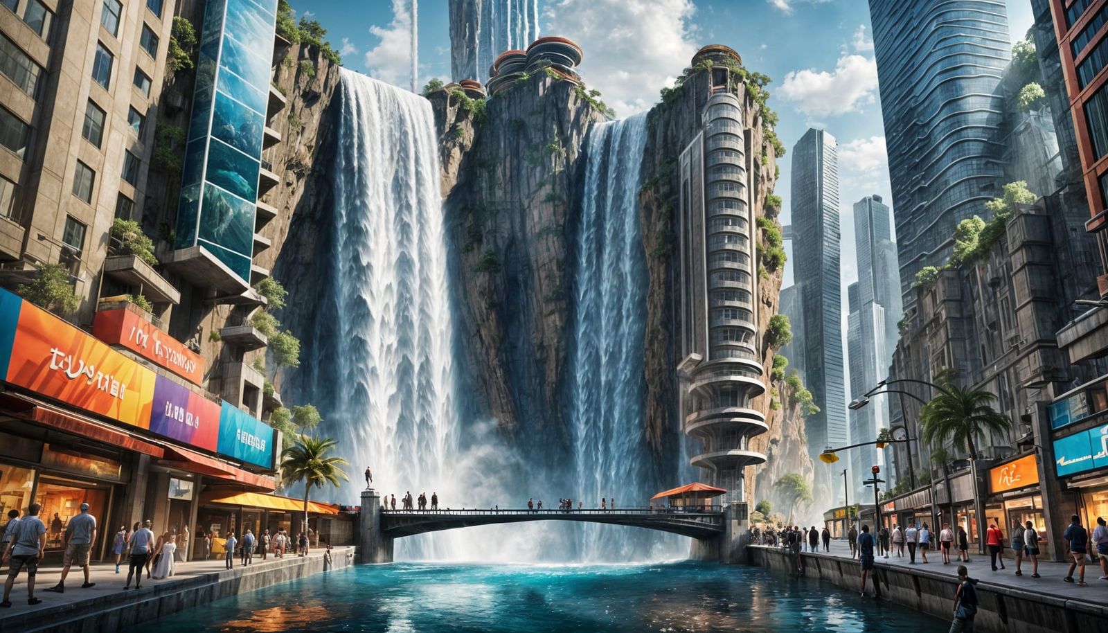 Hyperrealistic Waterfall City in Futuristic Style