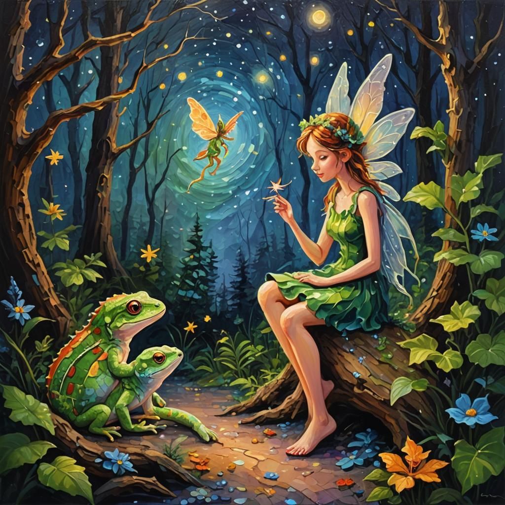 Fairy and Gecko in Starry Forest, Impasto Style