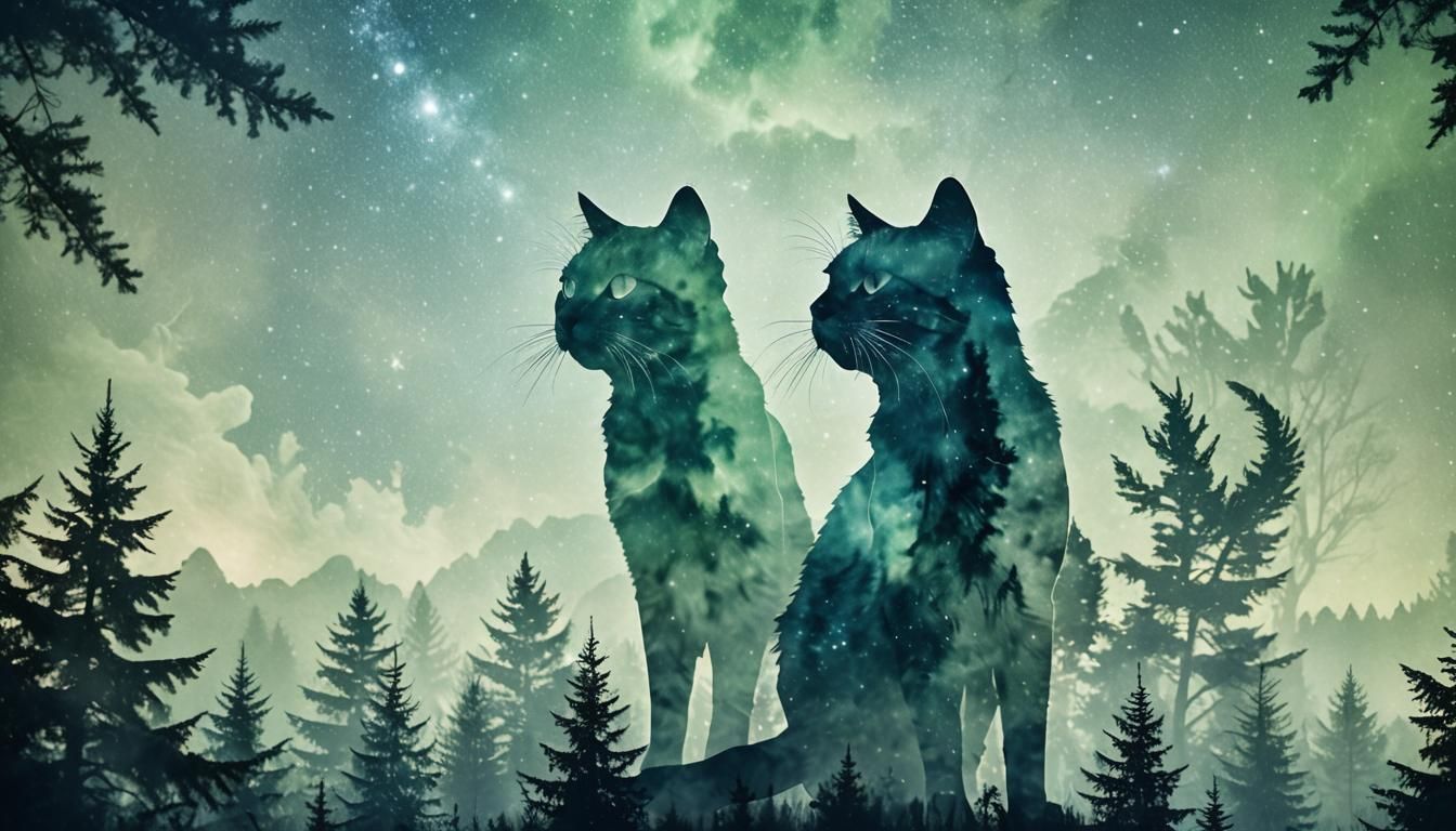 Cosmic Cat in Forest Double Exposure Digital Art