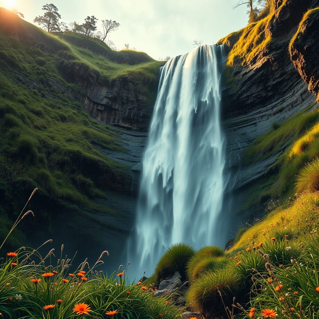 Majestic Waterfall in Vibrant Bloom