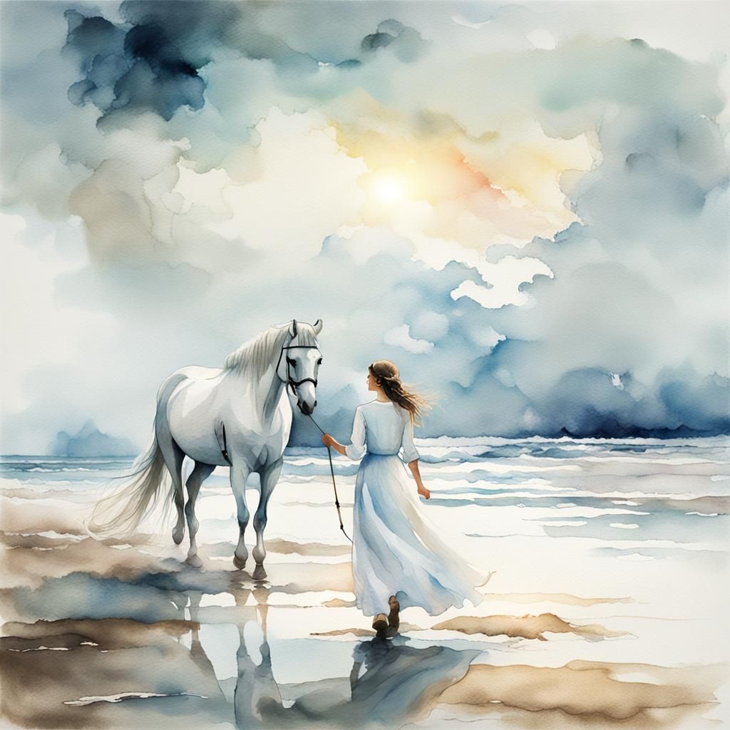 Girl and White Horse on Beach in Ink Painting Style