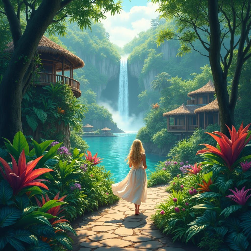 Tropical Jungle Oasis in Vibrant Colors and Lush Greenery