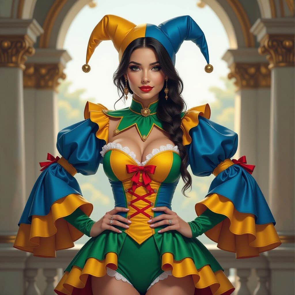 Photorealistic Jester Woman in Lavish Setting