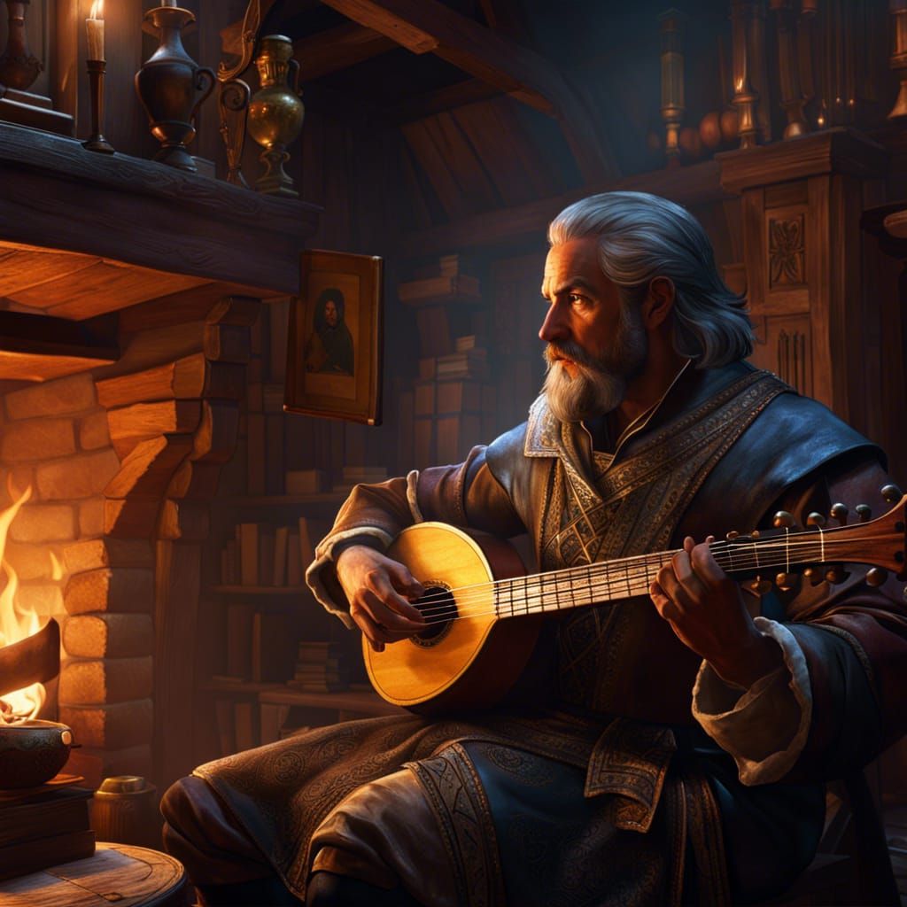 Medieval Bard Performing in Smoky Inn