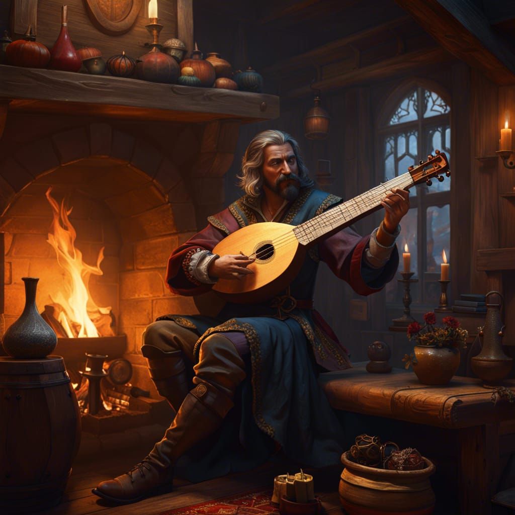 Medieval Bard Performing in Smoky Inn