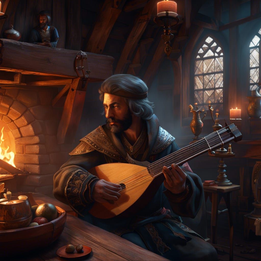 Mythical Minstrel Performs amidst Warmth of Medieval Inn