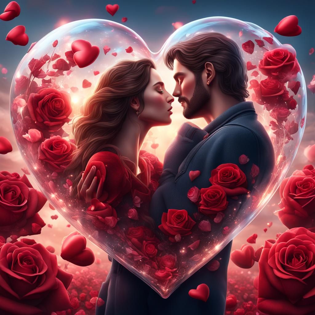 Valentine's Day Kiss in a Rose Heart Bubble