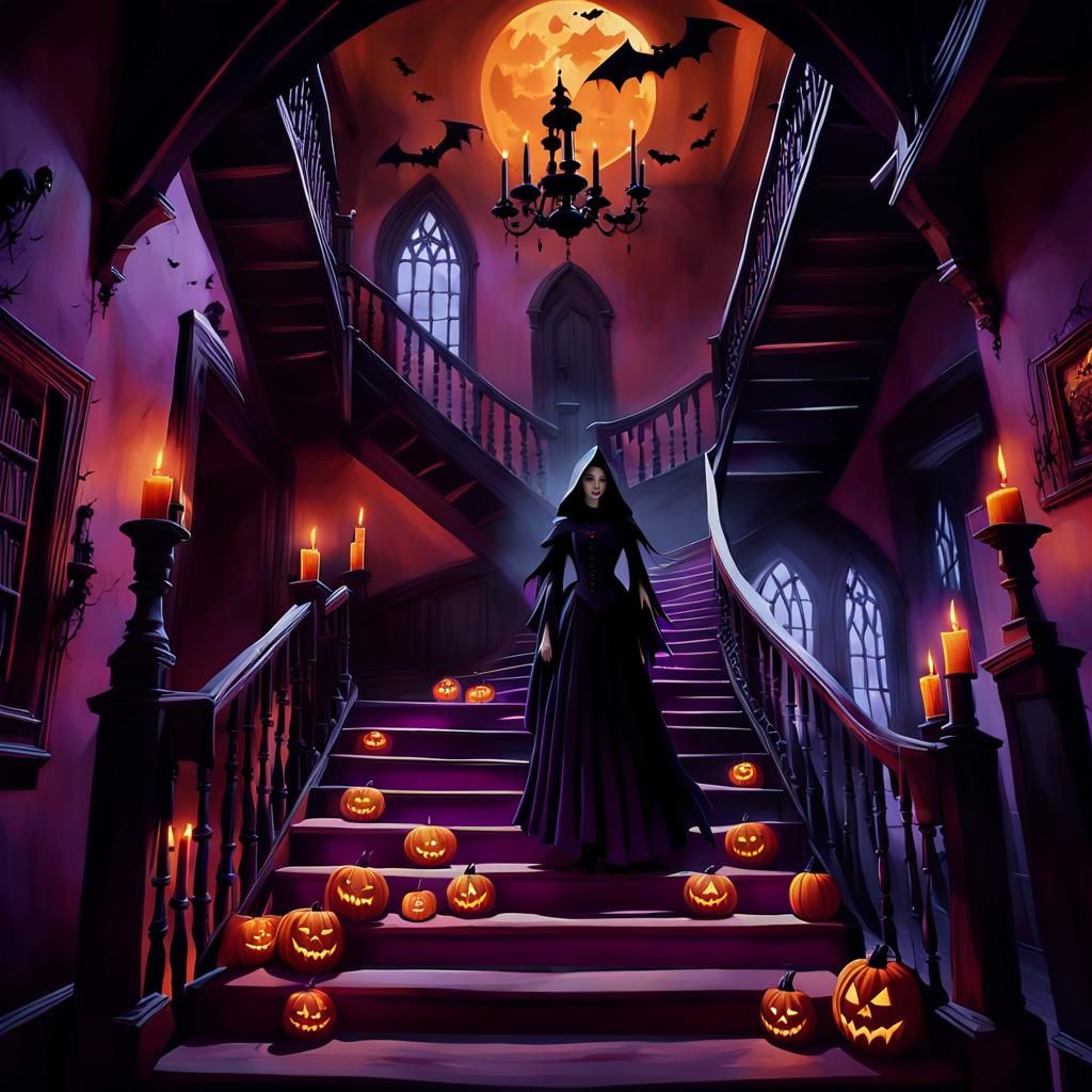 Dark Gothic Mansion Interior with Witch and Spectres