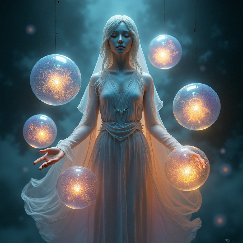 Humanoid Figure Surrounded by Senses in Ethereal Orbs