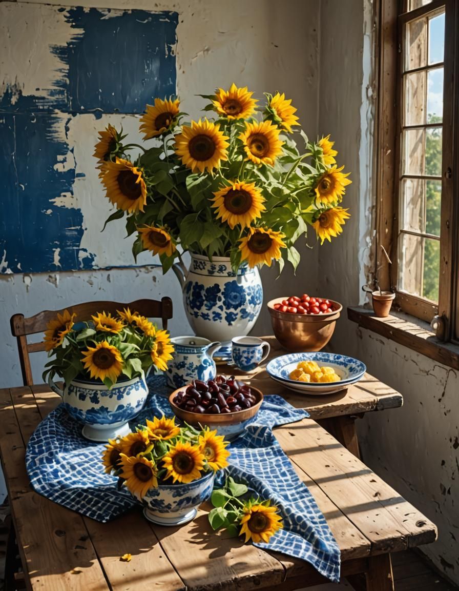 Sunflowers and Delftware: A Vermeer-Inspired Still Life