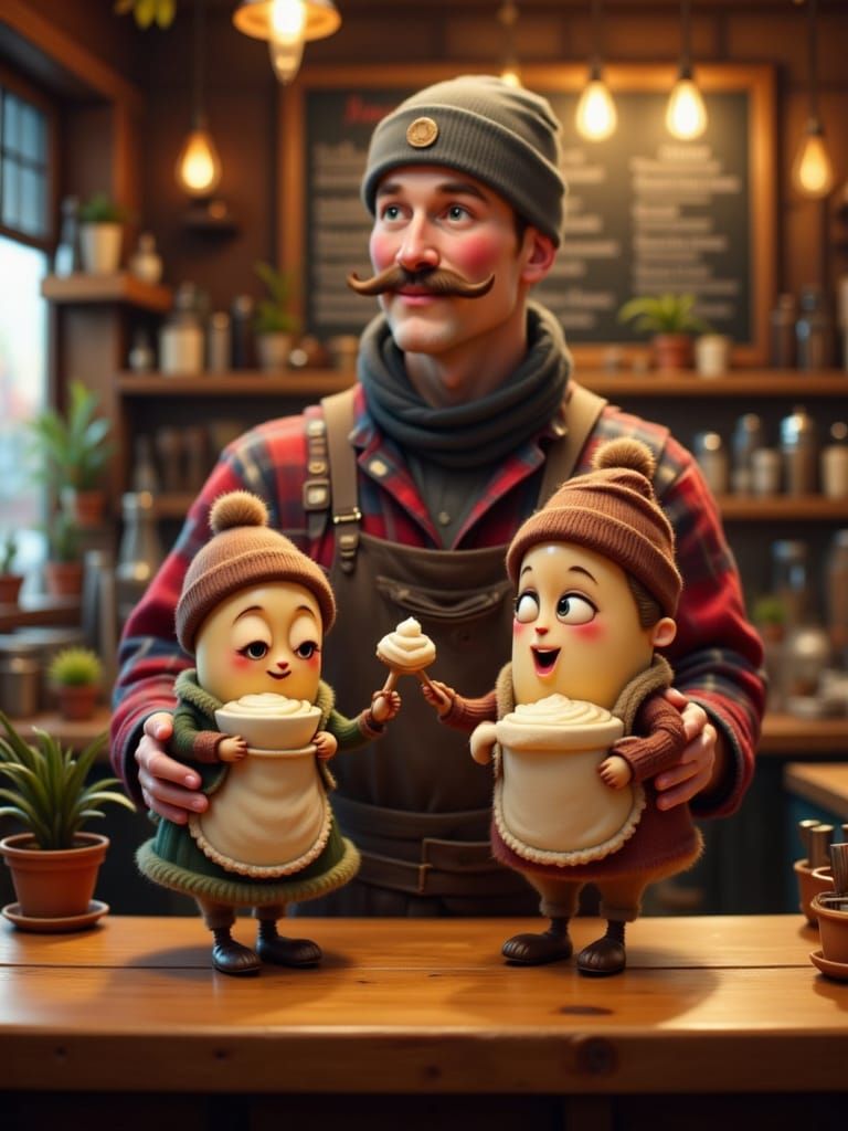 Barista and Coffee Bean Friend in Cozy Cafe