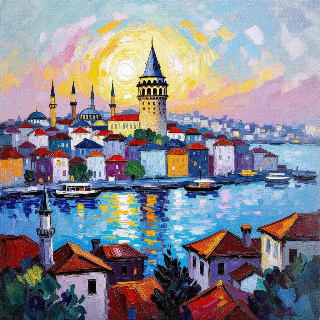 Istanbul Skyline with Galata Tower in Expressionist Style