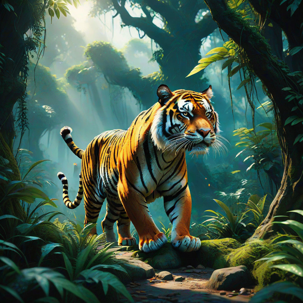 Tiger in Enchanted Jungle, Vibrant Fantasy Landscape