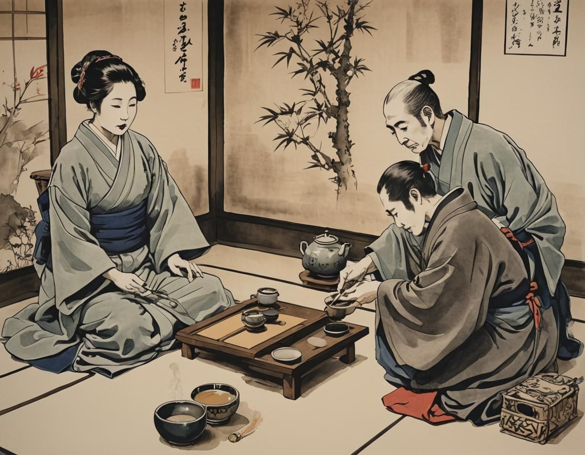 Japanese Tea Ceremony in Pen and Ink