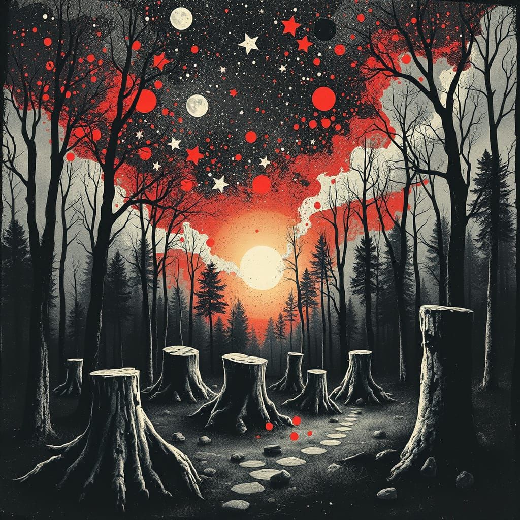 Surreal Maiden in Forest: Expressionist Black and White