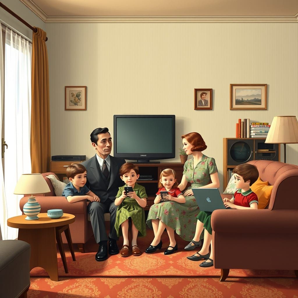 Vintage Family with Modern Tech, Animated Style