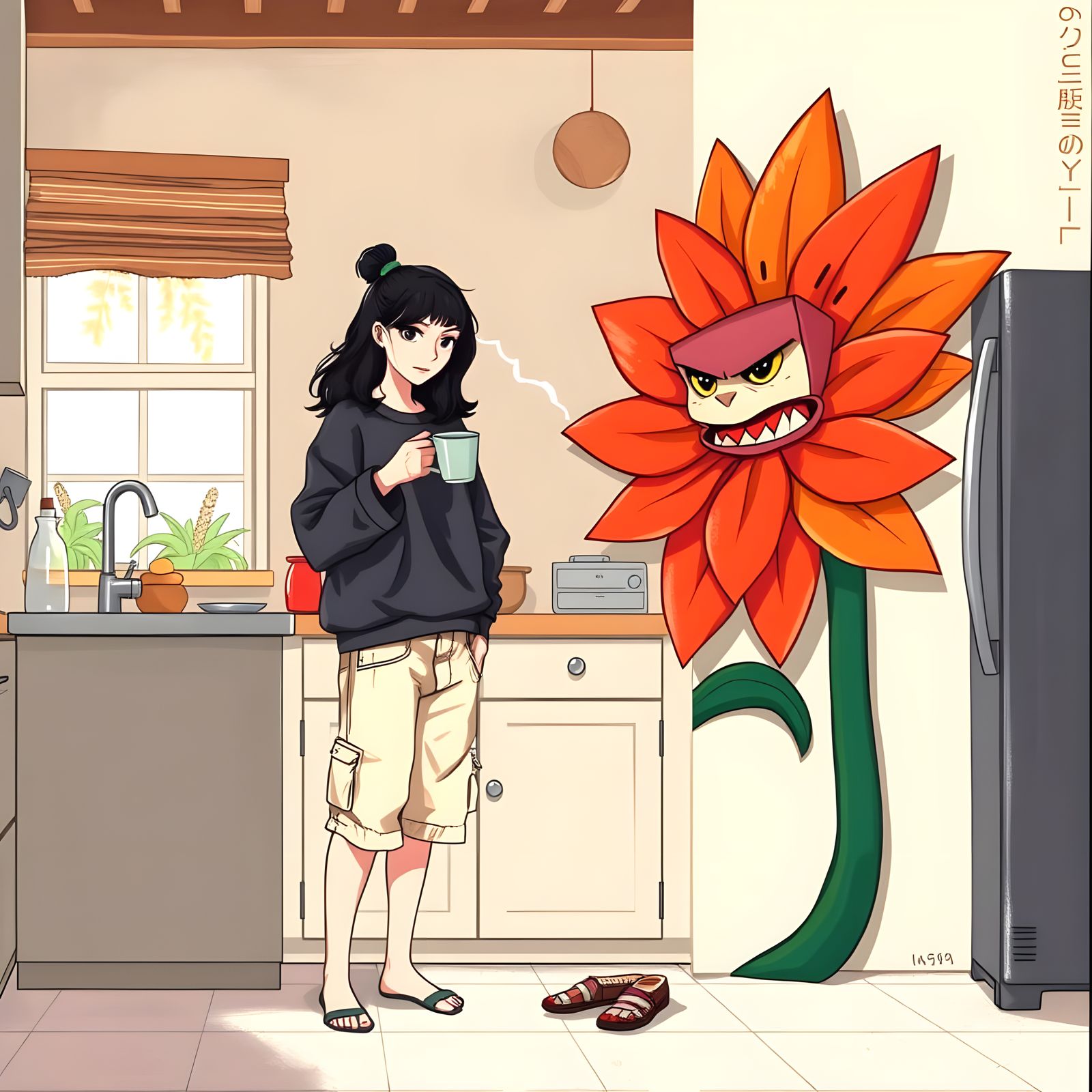 Jealous Flower Leering at Woman in Kitchen
