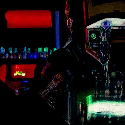 Cyborg Bartender in Neon Cyberpunk Style