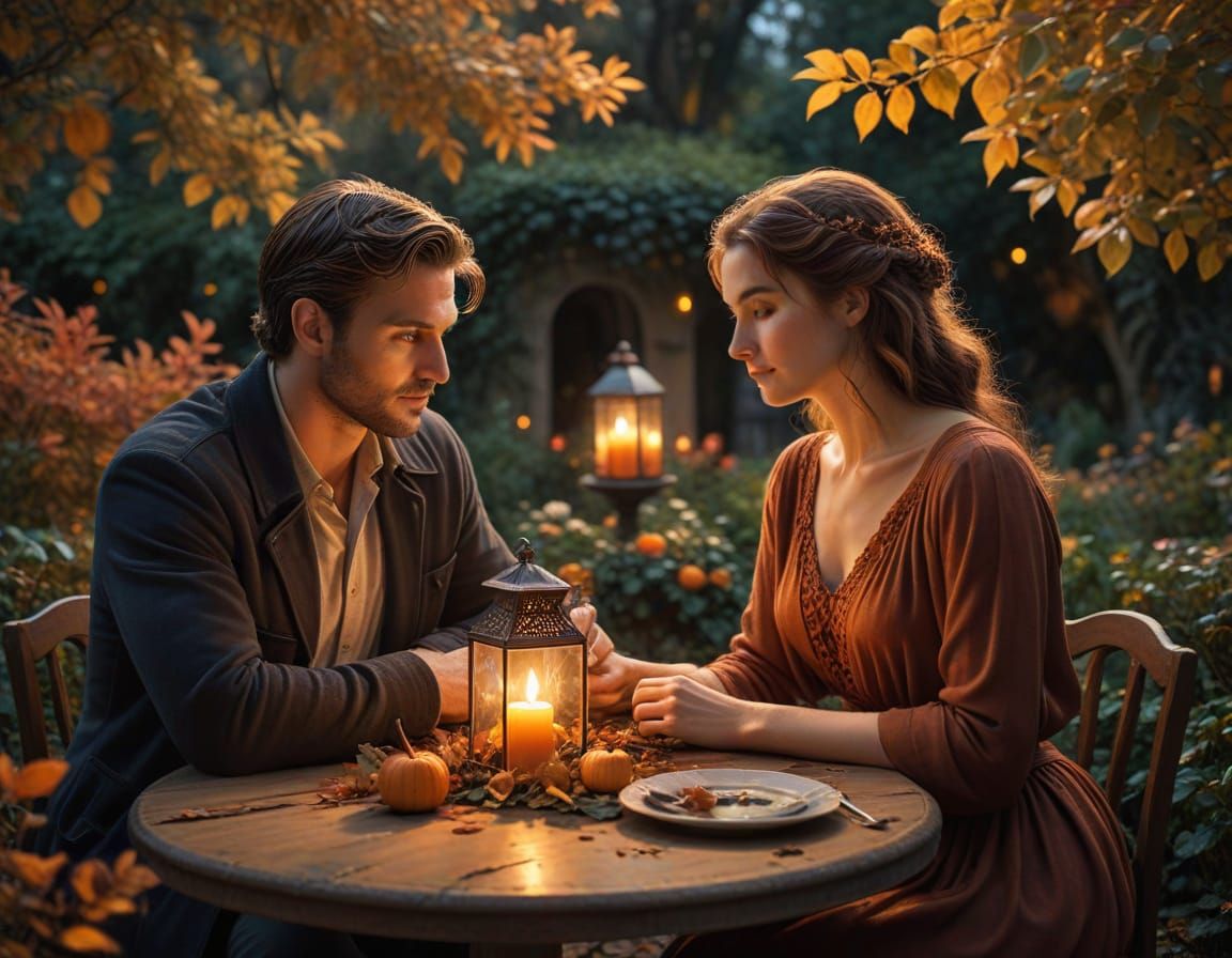 Romantic Couple in Candlelit Garden