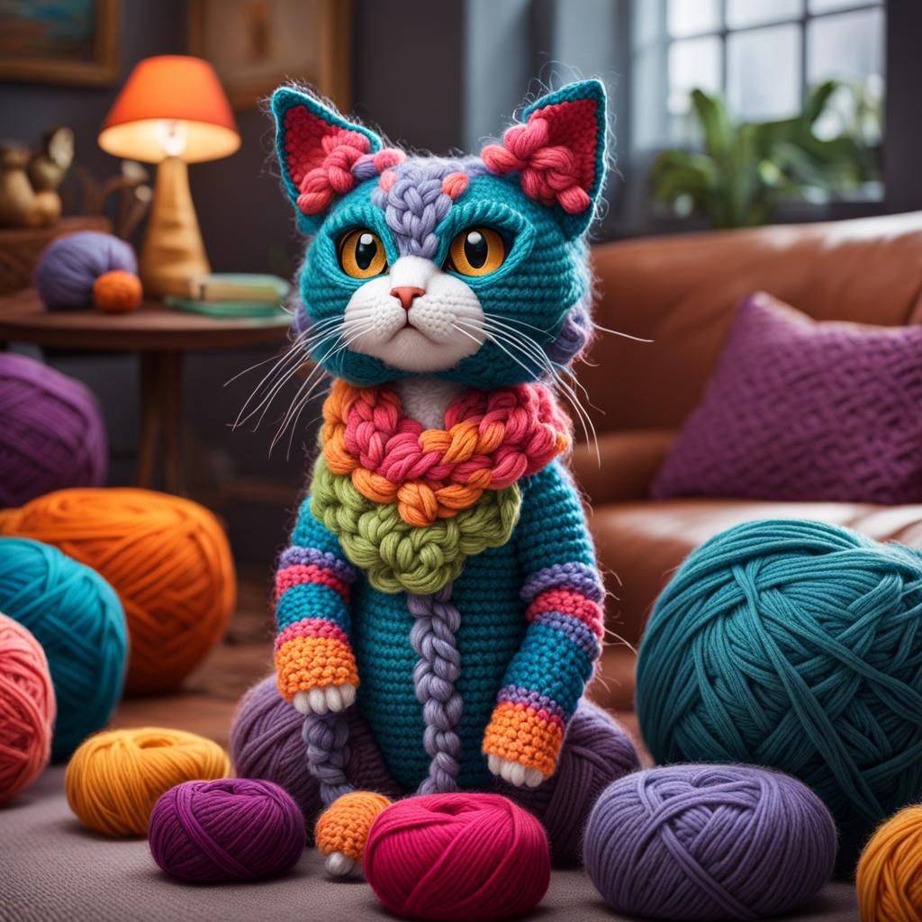 Amigurumi Monster Cat in Cozy Living Room
