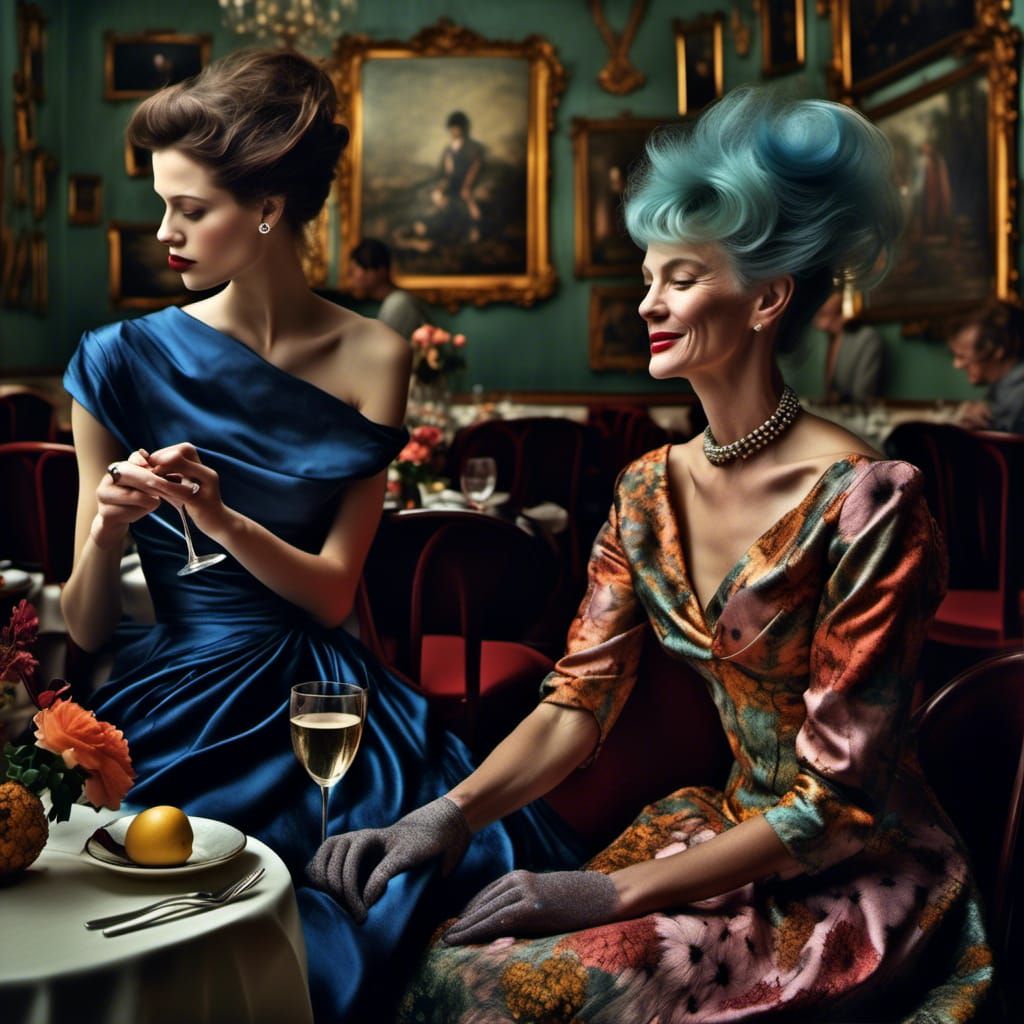 Couture Women in Restaurant: A Hyperrealistic Rendering