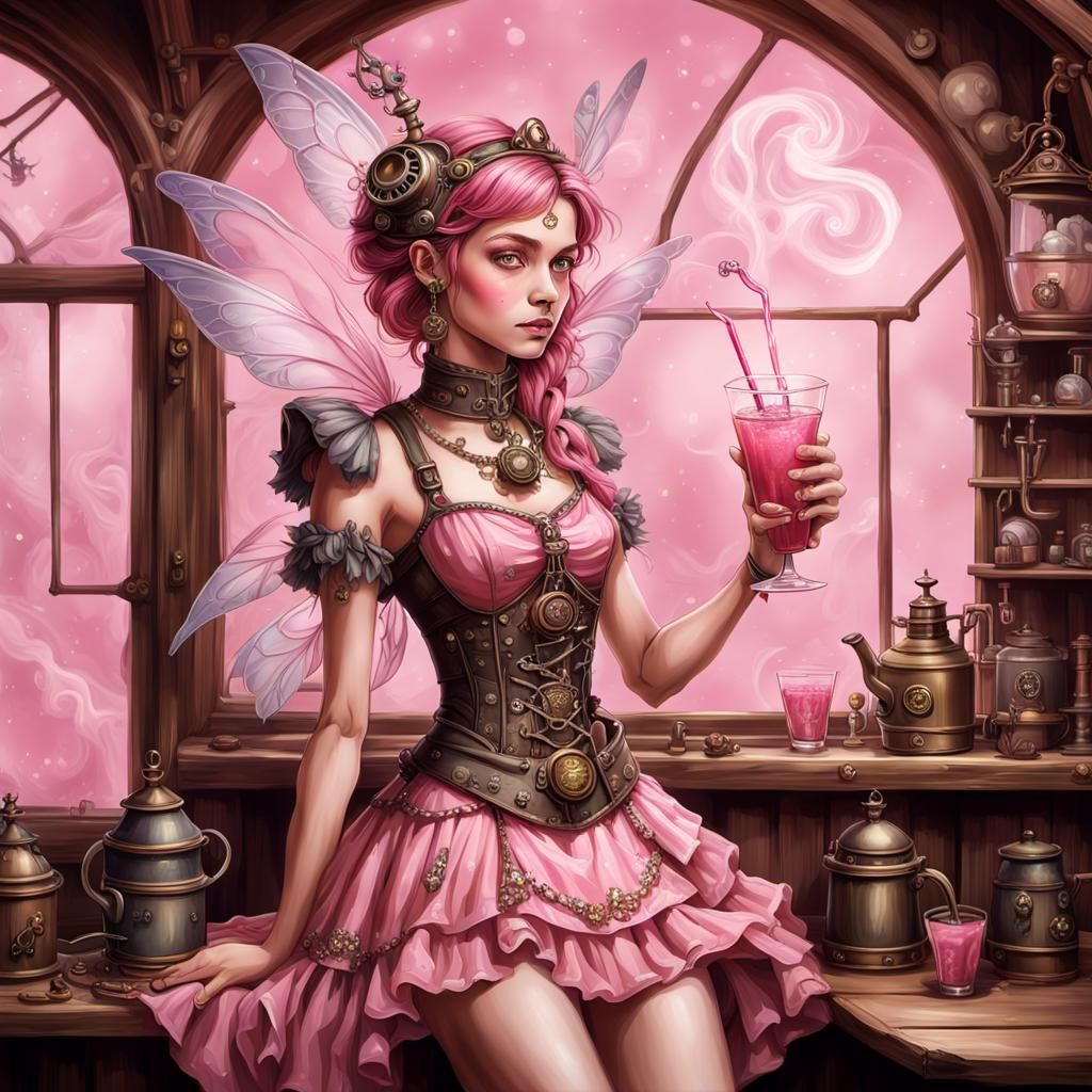 Steampunk Fairy Sipping Pink Drink, Hyperrealistic Digital A...