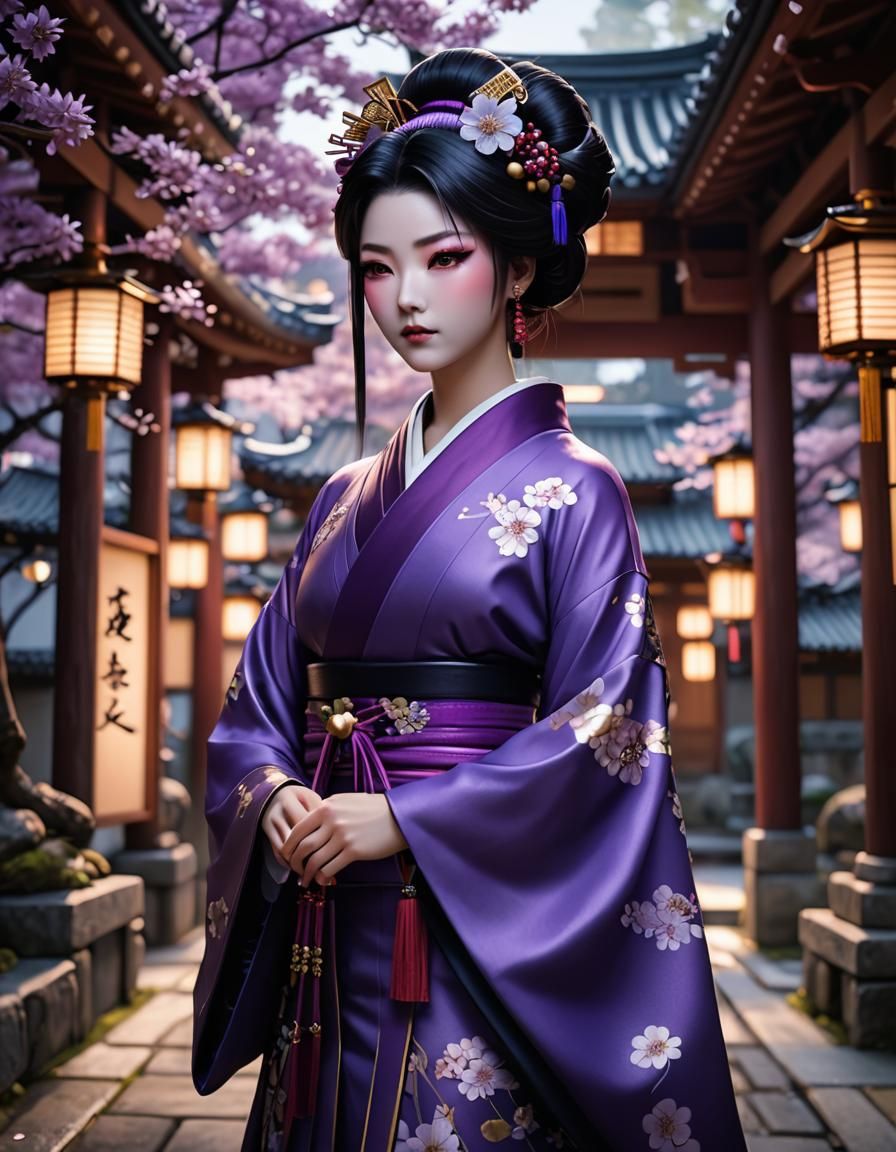 Purple Geisha in Temple: 3D Anime Art