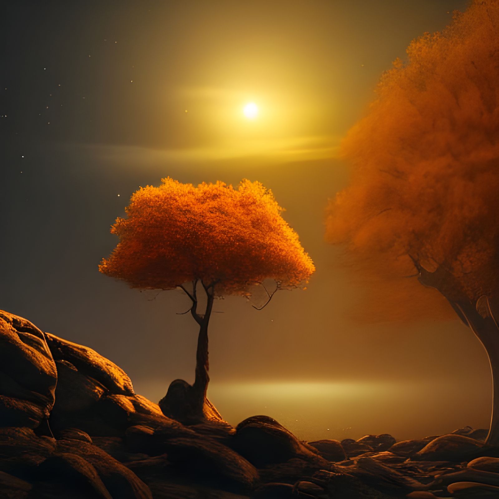 Glowing Golden Tree in Silver Lake Under Blood Moon